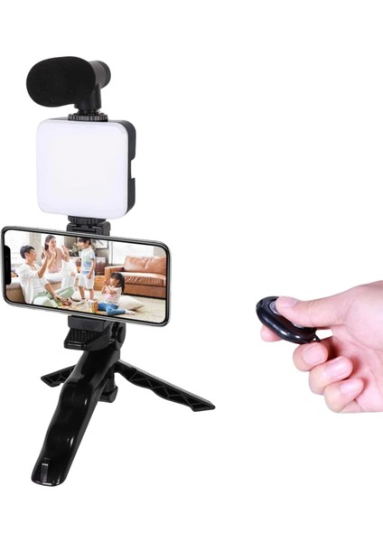 Telefon Tutucu LED Işıklı Kumandalı Mikrofon Telefon Vlog Video Kayıt
