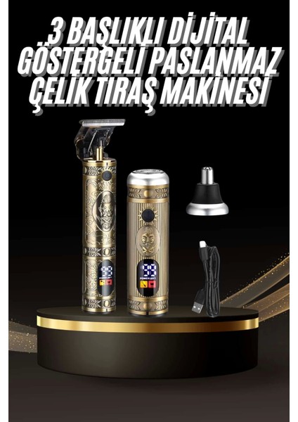 Tıraş Makinesi Pro 3 Başlıklı Dijital Göstergeli Saç Sakal Kulak ve Burun