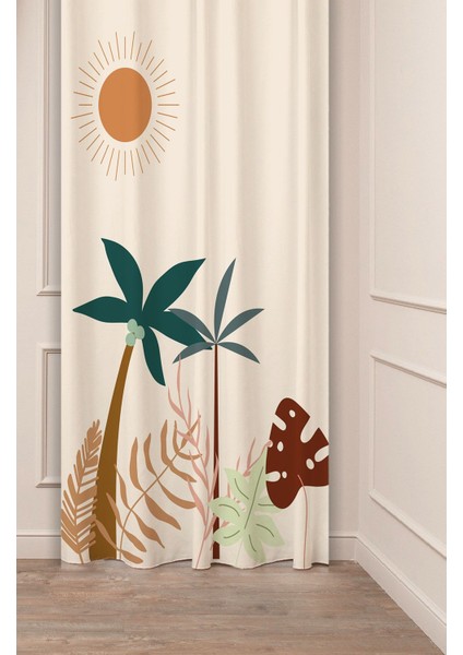 Bohem Palmiye Yaprak Güneş Sade Soft Bej Desenli Özel Tasarım Dijital Baskılı (Tek Kanat) Fon Perde