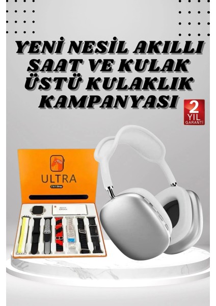 Kulak Üstü P9 Kablosuz Bluetooth Kulaklık ve 7 Kordonlu Akıllı Saat