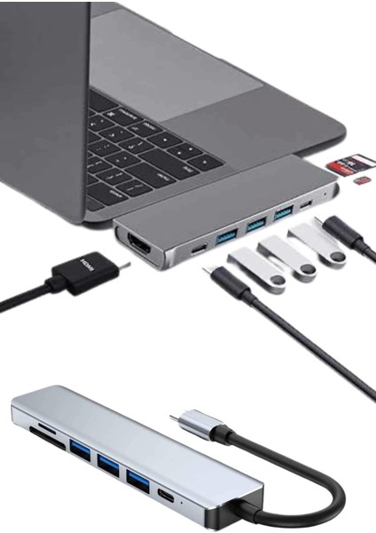 USB Type-C Hub Dönüştürücü Çevirici Çoklayıcı Macbook Çevirici 8 Portlu
