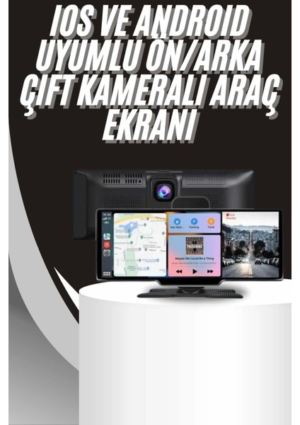 4K 10.2 Inç Çift Kameralı Araç Multimedya Ekranı Carplay Kablosuz Tüm Cihazlara Uyumlu