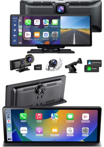 4K 10.2 Inç Çift Kameralı Araç Multimedya Ekranı Carplay Kablosuz Tüm Cihazlara Uyumlu