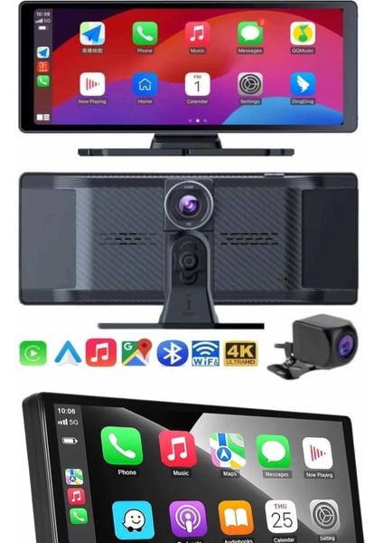 4K 10.2 Inç Çift Kameralı Araç Multimedya Ekranı Carplay Kablosuz Tüm Cihazlara Uyumlu