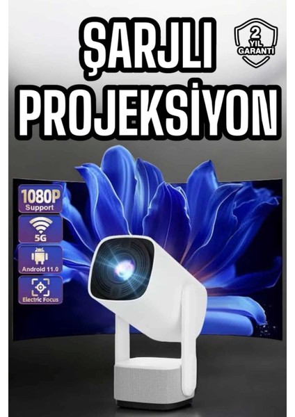 Şarjlı Projeksiyon Oyun Sinema Projektörü 4K Hd Görüntü Kaliteli