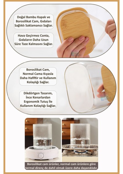 6 Adet 1900ML Lüks Dikdörtgen Vakumlu Doğal Bambu Kapak Borosilikat Cam Bakliyat Kavanozu - B02