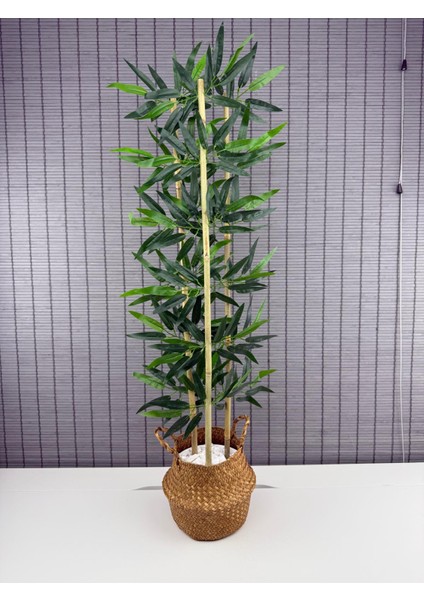 Dekoratif Yapay Yapraklı Natural Hasır Bambu Sepetli Dekoratif Bambu Ağacı 100CM 3 Gövde