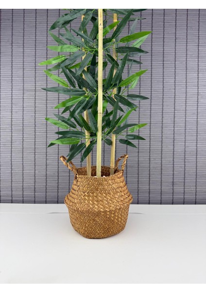 Dekoratif Yapay Yapraklı Natural Hasır Bambu Sepetli Dekoratif Bambu Ağacı 100CM 3 Gövde