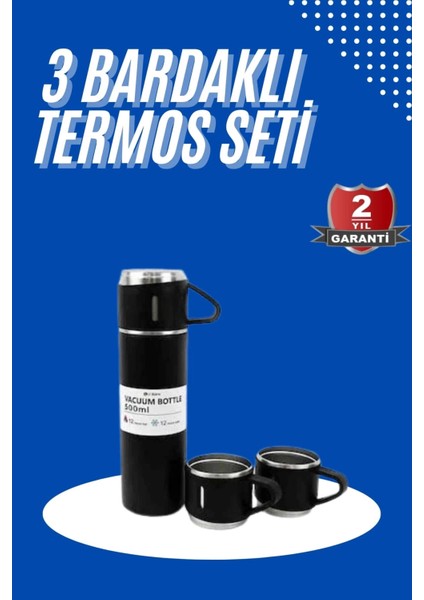 Termos Seti 3'lü Bardak Seti Isı Dayanıklı Siyah Paslanmaz Çelik Vakumlu