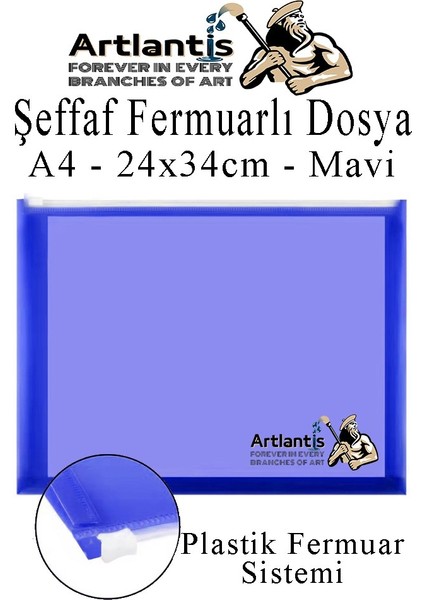 A4 Şeffaf Fermuarlı Dosya Mavi 1 Adet Pvc Fermuarlı Evrak Dosyası 24X34CM Çıtçıtlı Belge Evrak Dosyası Ofis Büro Okul