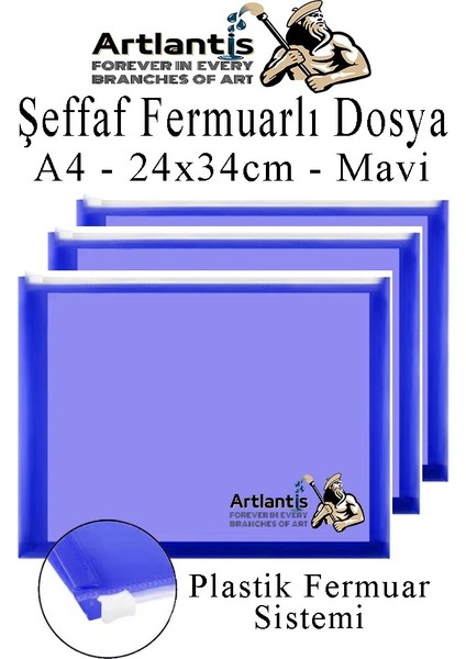 A4 Şeffaf Fermuarlı Dosya Mavi 3 Adet Pvc Fermuarlı Evrak Dosyası 24X34CM Çıtçıtlı Belge Evrak Dosyası Ofis Büro Okul