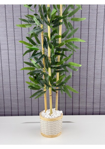 Dekoratif Pwc Rattan Saksılı Ahsap Detaylı Yapay Yapraklı Dekoratif Bambu Ağacı 3 Gövde 110CM