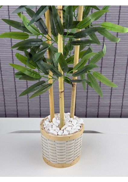Dekoratif Pwc Rattan Saksılı Ahsap Detaylı Yapay Yapraklı Dekoratif Bambu Ağacı 3 Gövde 110CM