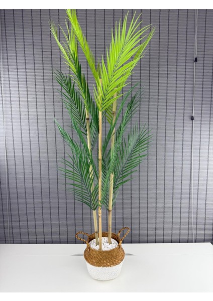 Dekoratif Yapay Yapraklı Hasır Bambu Sepetli Areka Palmiye Ağacı 3 Gövde 120CM