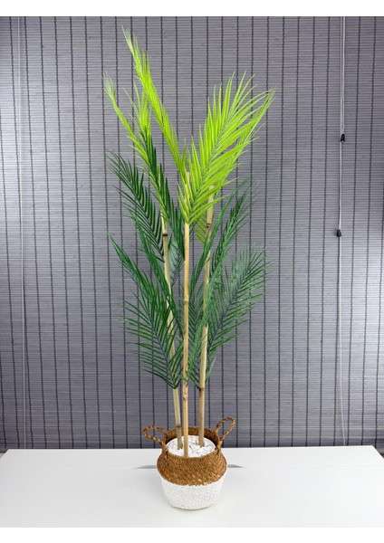 Dekoratif Yapay Yapraklı Hasır Bambu Sepetli Areka Palmiye Ağacı 3 Gövde 120CM