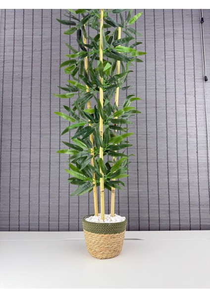 Dekoratif Yapay Yapraklı Hasır Sea Grass/koton Saksılı 3 Gövde Bambu Ağacı 90 cm