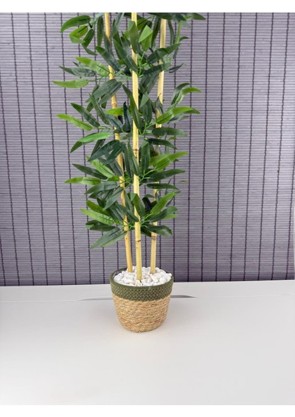 Dekoratif Yapay Yapraklı Hasır Sea Grass/koton Saksılı 3 Gövde Bambu Ağacı 90 cm