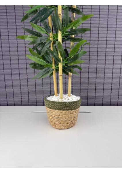 Dekoratif Yapay Yapraklı Hasır Sea Grass/koton Saksılı 3 Gövde Bambu Ağacı 90 cm