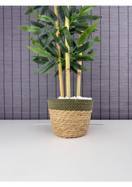 Dekoratif Yapay Yapraklı Hasır Sea Grass/koton Saksılı 3 Gövde Bambu Ağacı 90 cm
