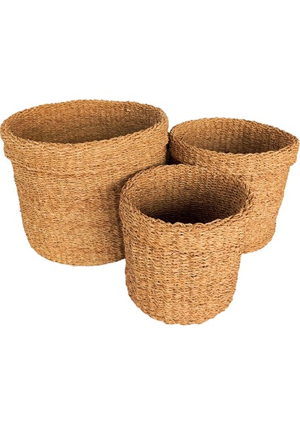 Dekoratif Natural Renk Yuvarlak Seagrass Hasır Sepet 3'lü Set