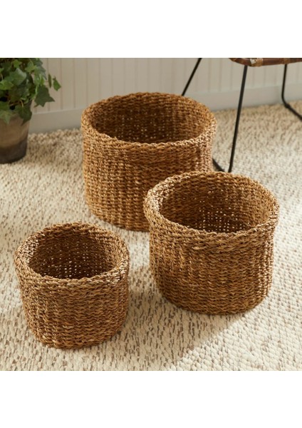 Dekoratif Natural Renk Yuvarlak Seagrass Hasır Sepet 3'lü Set modelleri