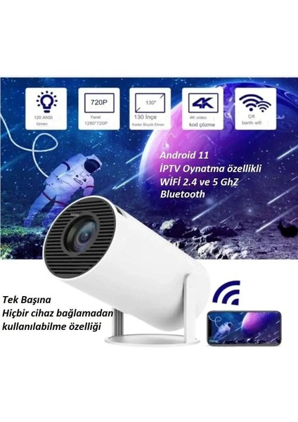 Taşınabilir Sinema Projektörü Pro Telefon Destekli Android 11 Akıllı Projeksiyon