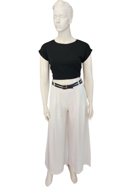 Kadın Kemerli Wide Leg (Geniş Paça) Belinde Gizli Fermuarlı Palazzo Etek Pantolon fırsatları