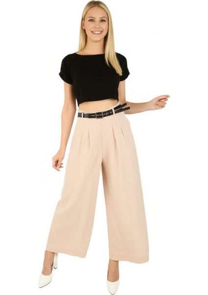 Kadın Kemerli Wide Leg (Geniş Paça) Belinde Gizli Fermuarlı Palazzo Etek Pantolon modelleri