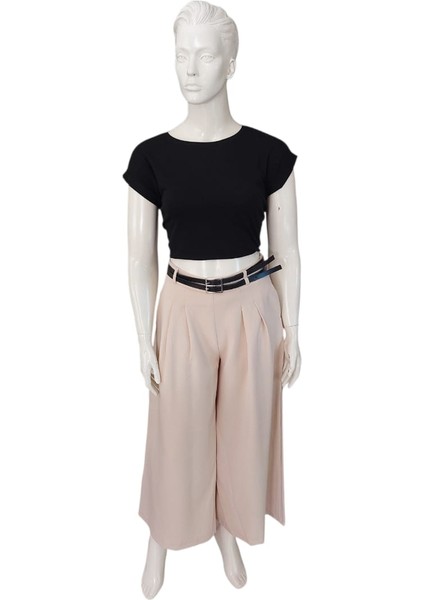 Kadın Kemerli Wide Leg (Geniş Paça) Belinde Gizli Fermuarlı Palazzo Etek Pantolon fırsatları