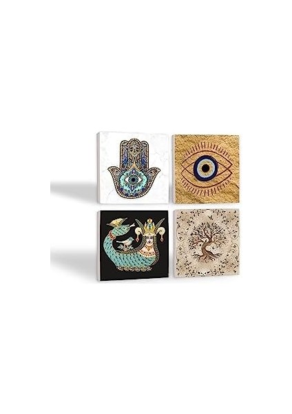 Nazar, Şahmeran, Hayat Ağacı, Fatma Ana Eli (Hamsa) Taş Bardak Altlığı Seti - 4 Parça - Dekoratif, Rustik Mutfak Aksesuarı, 10X10 Cm, Kaydırmaz Tabanlı, Şık ve Dayanıklı SC505