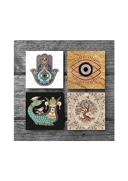 Nazar, Şahmeran, Hayat Ağacı, Fatma Ana Eli (Hamsa) Taş Bardak Altlığı Seti - 4 Parça - Dekoratif, Rustik Mutfak Aksesuarı, 10X10 Cm, Kaydırmaz Tabanlı, Şık ve Dayanıklı SC505