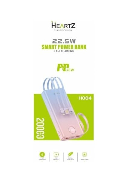 H004 20000 Mh Pd 30W ve USB 22.5W Fast Hızlı Şarj Dahili Type C ve Lightning Kablolu Dünya Standartlarına Uygun Polymer Batarya Birebir Amper LCD Göstergeli Powerbank