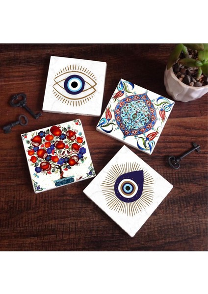 Nazar, Çini Sanatı, Nar Ağacı Taş Bardak Altlığı Seti - 4 Parça - Dekoratif, Rustik Mutfak Aksesuarı, 10X10 Cm, Kaydırmaz Tabanlı, Şık ve Dayanıklı SC408