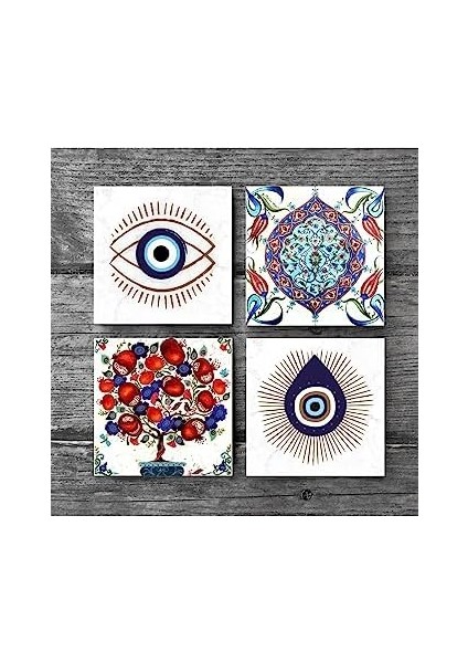 Nazar, Çini Sanatı, Nar Ağacı Taş Bardak Altlığı Seti - 4 Parça - Dekoratif, Rustik Mutfak Aksesuarı, 10X10 Cm, Kaydırmaz Tabanlı, Şık ve Dayanıklı SC408