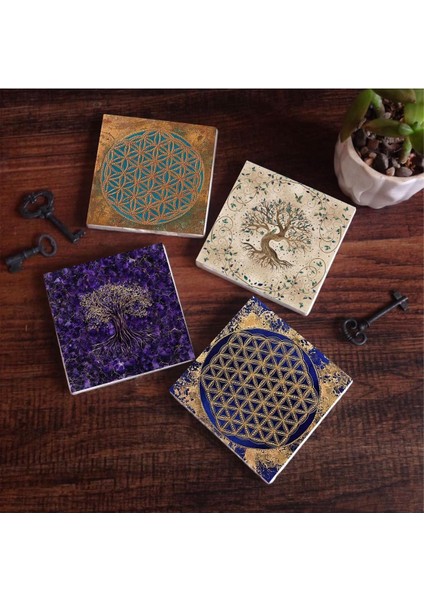 Yaşam Çiçeği, Hayat Ağacı Taş Bardak Altlığı Seti - 4 Parça - Dekoratif, Rustik Mutfak Aksesuarı, 10X10 Cm, Kaydırmaz Tabanlı, Şık ve Dayanıklı SC290