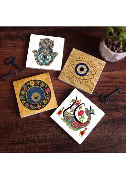 Nazar, Şahmeran, Fatma Ana Eli (Hamsa) Taş Bardak Altlığı Seti - 4 Parça - Dekoratif, Rustik Mutfak Aksesuarı, 10X10 Cm, Kaydırmaz Tabanlı, Şık ve Dayanıklı SC510