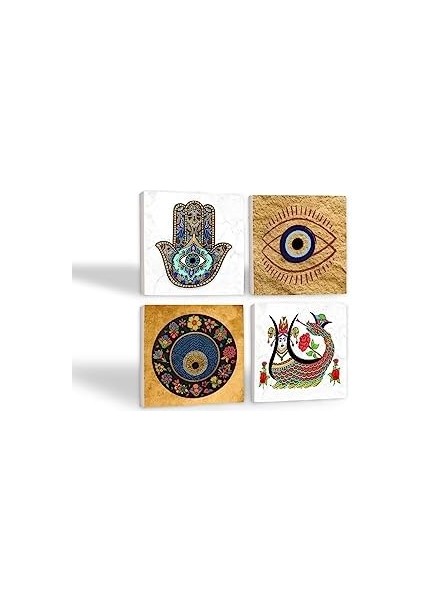 Nazar, Şahmeran, Fatma Ana Eli (Hamsa) Taş Bardak Altlığı Seti - 4 Parça - Dekoratif, Rustik Mutfak Aksesuarı, 10X10 Cm, Kaydırmaz Tabanlı, Şık ve Dayanıklı SC510
