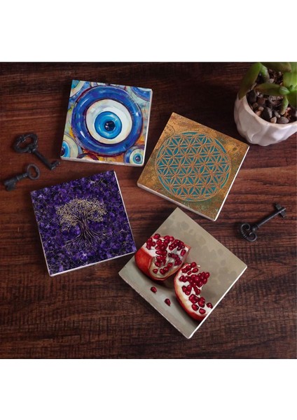 Nazar, Yaşam Çiçeği, Hayat Ağacı, Nar Taş Bardak Altlığı Seti - 4 Parça - Dekoratif, Rustik Mutfak Aksesuarı, 10X10 Cm, Kaydırmaz Tabanlı, Şık ve Dayanıklı SC465