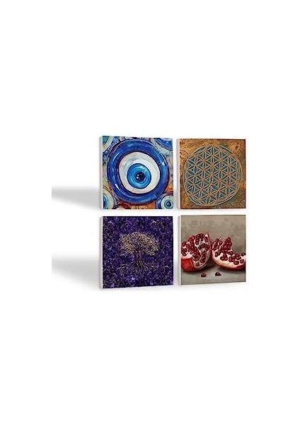 Nazar, Yaşam Çiçeği, Hayat Ağacı, Nar Taş Bardak Altlığı Seti - 4 Parça - Dekoratif, Rustik Mutfak Aksesuarı, 10X10 Cm, Kaydırmaz Tabanlı, Şık ve Dayanıklı SC465