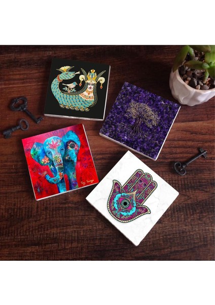Hayat Ağacı, Fil, Fatma Ana Eli (Hamsa), Şahmeran Taş Bardak Altlığı Seti - 4 Parça - Dekoratif, Rustik Mutfak Aksesuarı, 10X10 Cm, Kaydırmaz Tabanlı, Şık ve Dayanıklı SC252