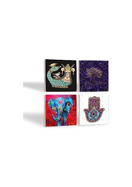 Hayat Ağacı, Fil, Fatma Ana Eli (Hamsa), Şahmeran Taş Bardak Altlığı Seti - 4 Parça - Dekoratif, Rustik Mutfak Aksesuarı, 10X10 Cm, Kaydırmaz Tabanlı, Şık ve Dayanıklı SC252