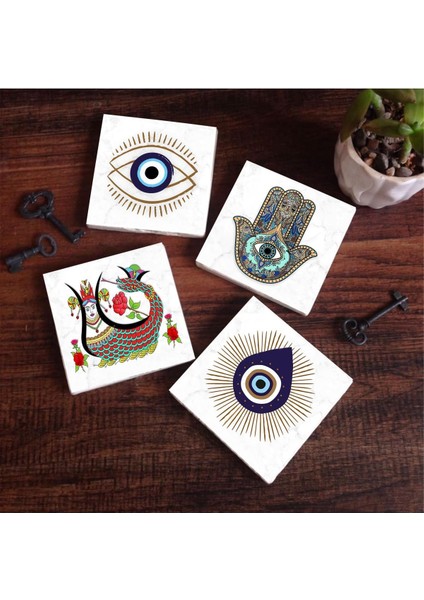 Nazar, Şahmeran, Fatma Ana Eli (Hamsa) Taş Bardak Altlığı Seti - 4 Parça - Dekoratif, Rustik Mutfak Aksesuarı, 10X10 Cm, Kaydırmaz Tabanlı, Şık ve Dayanıklı SC404