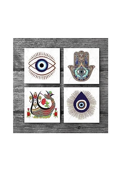 Nazar, Şahmeran, Fatma Ana Eli (Hamsa) Taş Bardak Altlığı Seti - 4 Parça - Dekoratif, Rustik Mutfak Aksesuarı, 10X10 Cm, Kaydırmaz Tabanlı, Şık ve Dayanıklı SC404