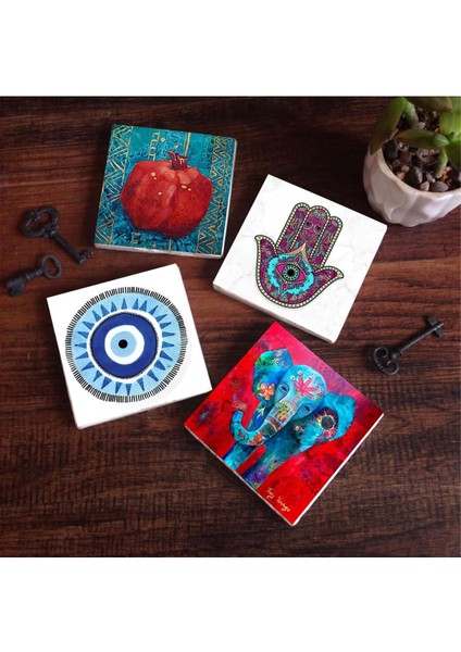 Nazar, Fil, Fatma Ana Eli (Hamsa), Nar Taş Bardak Altlığı Seti - 4 Parça - Dekoratif, Rustik Mutfak Aksesuarı, 10X10 Cm, Kaydırmaz Tabanlı, Şık ve Dayanıklı SC206