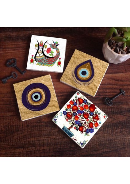 Nazar, Şahmeran, Nar Ağacı Taş Bardak Altlığı Seti - 4 Parça - Dekoratif, Rustik Mutfak Aksesuarı, 10X10 Cm, Kaydırmaz Tabanlı, Şık ve Dayanıklı SC524