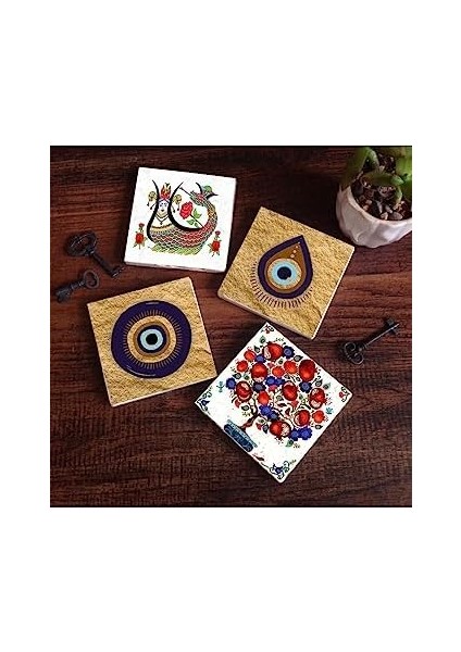 Nazar, Şahmeran, Nar Ağacı Taş Bardak Altlığı Seti - 4 Parça - Dekoratif, Rustik Mutfak Aksesuarı, 10X10 Cm, Kaydırmaz Tabanlı, Şık ve Dayanıklı SC524