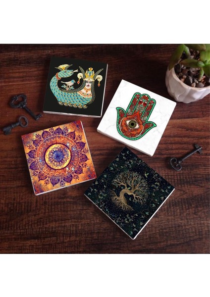 Mandala, Fatma Ana Eli (Hamsa), Hayat Ağacı, Şahmeran Taş Bardak Altlığı Seti - 4 Parça - Dekoratif, Rustik Mutfak Aksesuarı, 10X10 Cm, Kaydırmaz Tabanlı, Şık ve Dayanıklı SC187