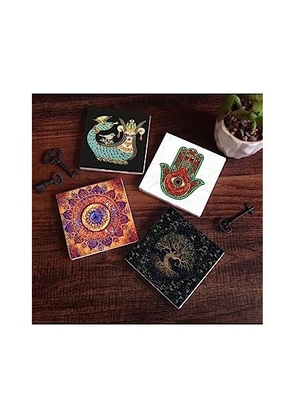 Mandala, Fatma Ana Eli (Hamsa), Hayat Ağacı, Şahmeran Taş Bardak Altlığı Seti - 4 Parça - Dekoratif, Rustik Mutfak Aksesuarı, 10X10 Cm, Kaydırmaz Tabanlı, Şık ve Dayanıklı SC187