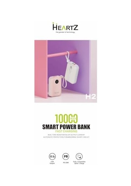 H2 10000 Mh Pd 20W ve USB 22.5W Fast Hızlı Şarj Dahili Type C ve Lightning Kablolu Dünya Standartlarına Uygun Polymer Batarya Birebir Amper LCD Göstergeli Powerbank (Yavruağzı)