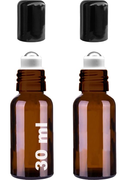 30 ml Çelik Roll On Şişesi 30 cc Sızdırmaz Siyah Kapaklı Cam Şişe 2 Adet (Amber, 30)